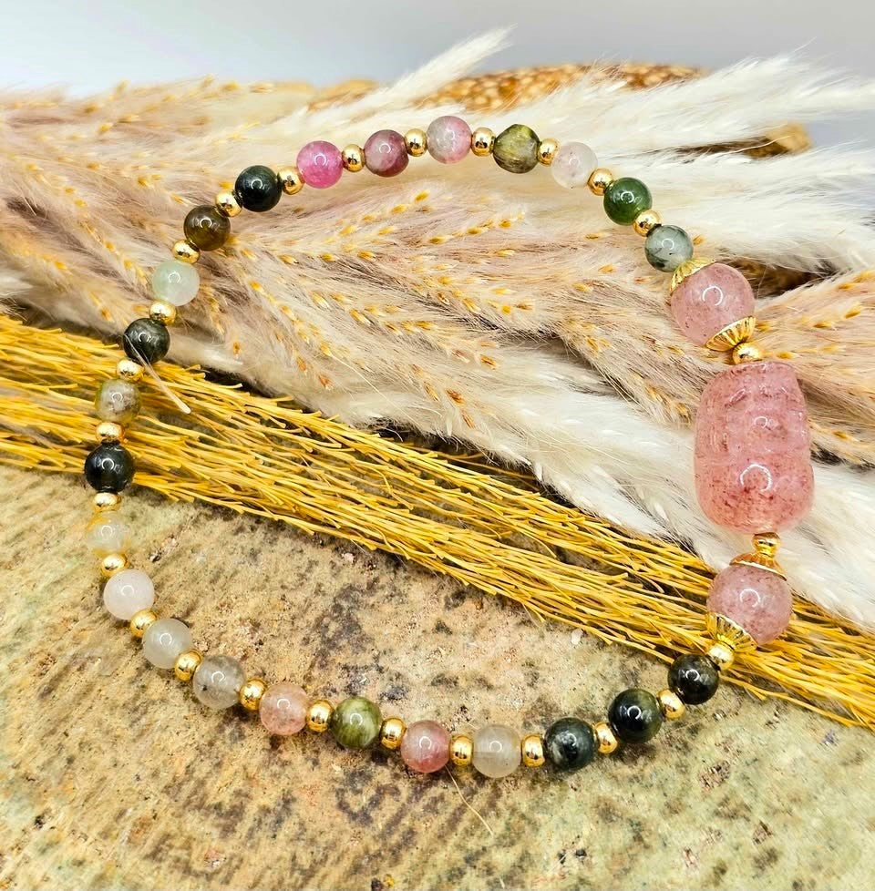 Natural rainbow tourmaline bracelet with strawberry quartz Pi Xiu-My Aura Gemstones