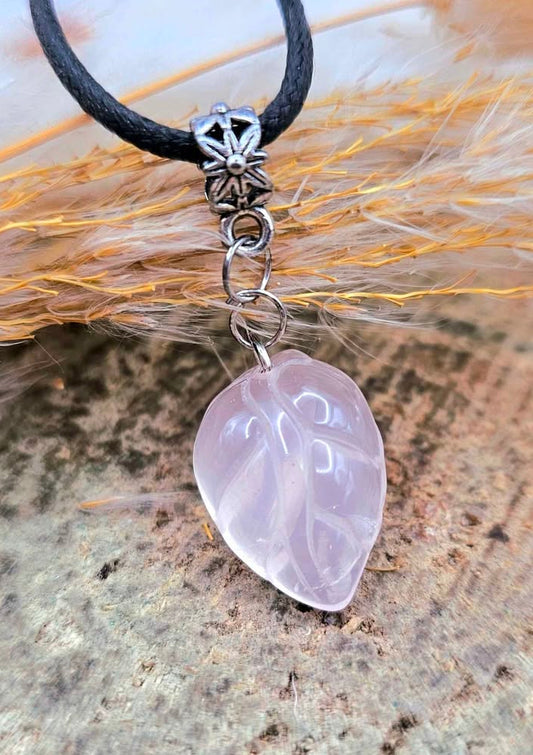 Natural rose quartz artistic leaf crystal pendant necklace — My Aura Gemstones
