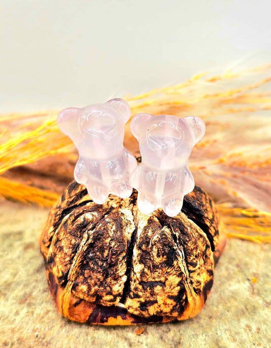 Natural rose quartz hand-carved bear ear stud earrings — My Aura Gemstones