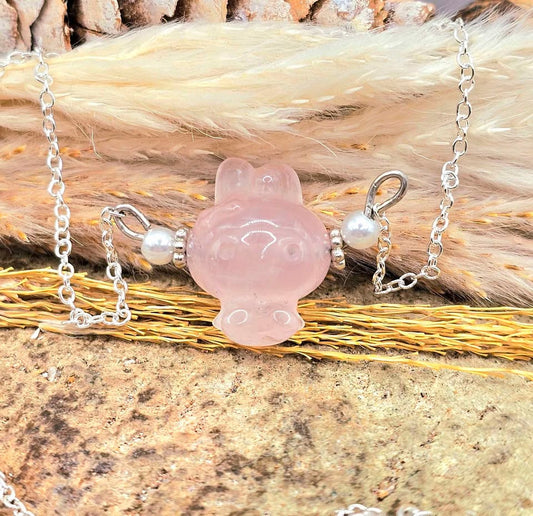 Hand-carved rose quartz cute bunny character pendant — My Aura Gemstones
