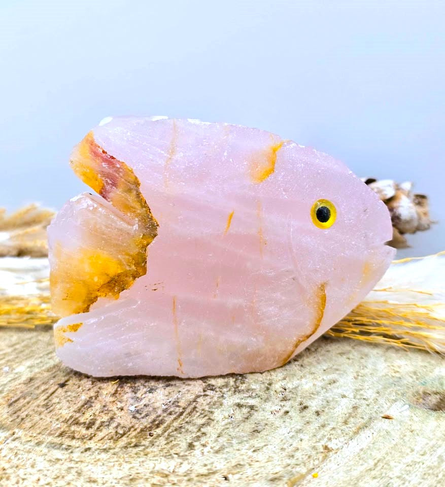 A pink rose quartz crystal fish figurine with a yellow eye, resting on a piece of driftwood with a blue water background.-My Aura Gemstones