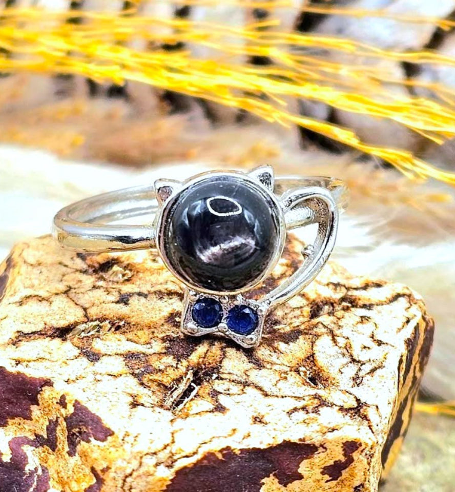 Natural Silver Hypersthene Cute Walking Cat Design Adjustable Ring at front view -My Aura Gemstones