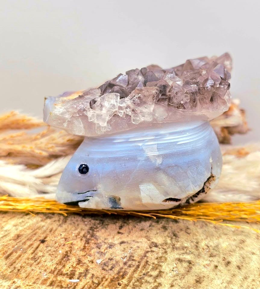 Smoky quartz crystal cluster with carved grey agate mouse figurine, natural raw texture, 2‑inch healing stone sculpture-My Aura Gemstones