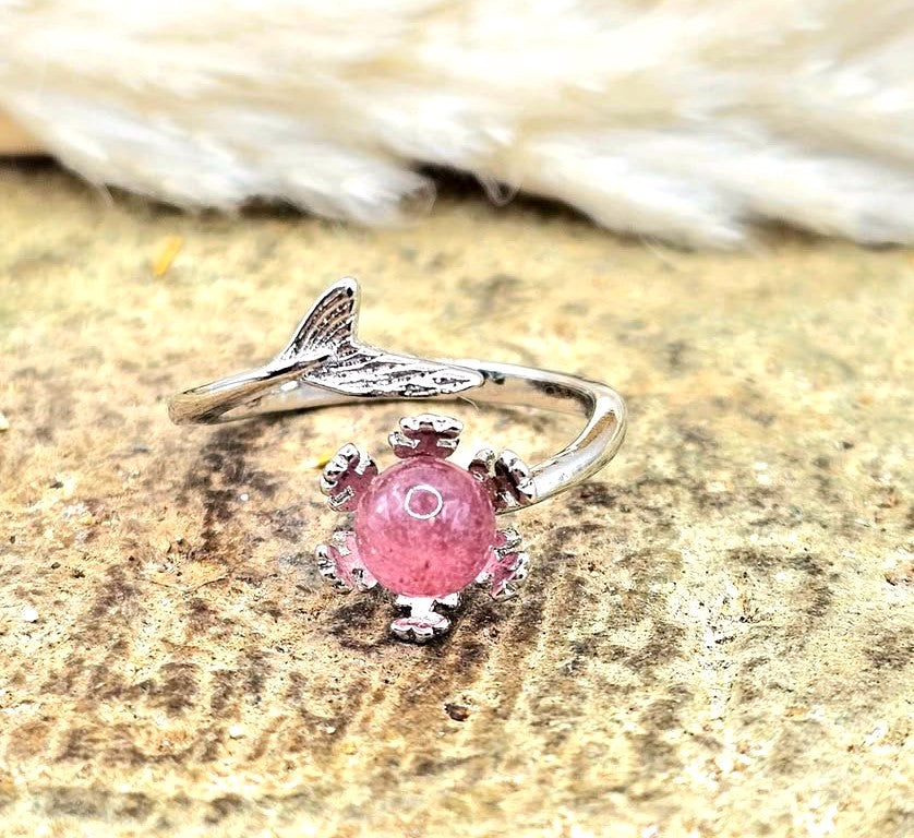Natural strawberry quartz sphere ring with silver‑tone mermaid tail open band- My Aura Gemstones