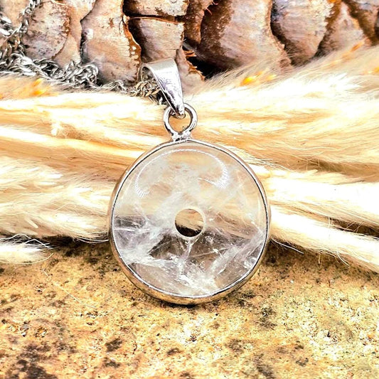 Natural clear crystal donut pendant with metal wrap, Ping An Kou peace amulet necklace, 0.7 inch-My Aura GEmstones