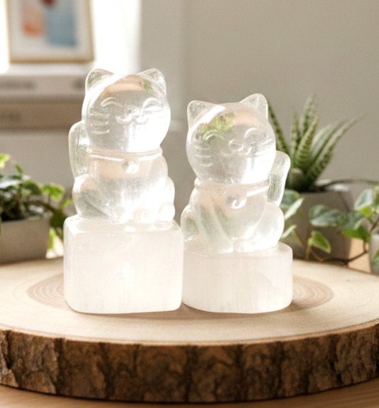 Premium grade selenite hand-carved lucky cat crystal figure close-up — My Aura Gemstones