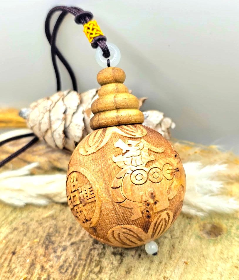 Jumbo natural wood Feng Shui pendant with Pi Xiu, lotus, and wealth coin carvings on adjustable braided necklace - My Aura Gemstones