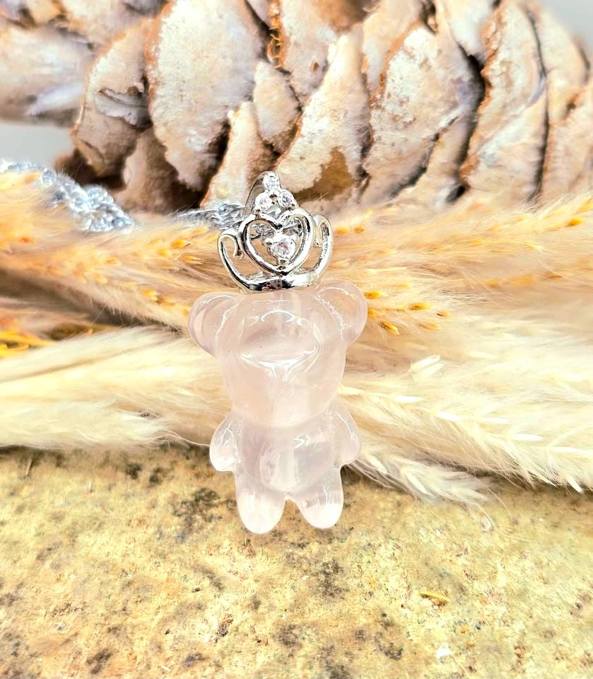 Natural rose quartz standing bear pendant with silver‑tone crown, transparent light‑pink crystal on adjustable 18–20 inch chain-My Aura Gemstones