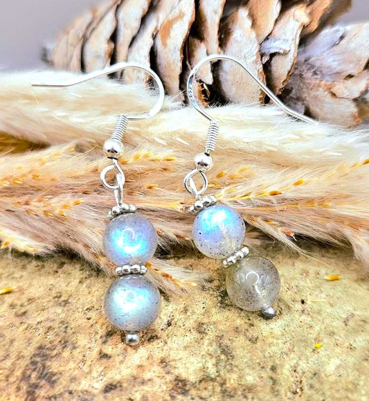 Natural labradorite flashy double round beads 925 dangle crystal earring — My Aura Gemstones