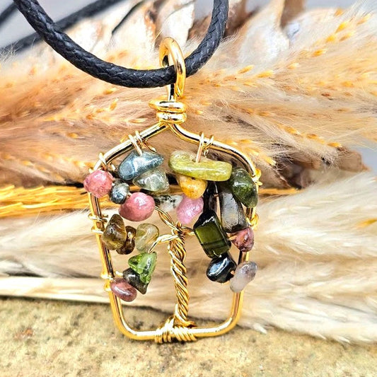 Hand‑crafted tourmaline crystal tree pendant with mixed‑color gemstone chips in a gold‑tone frame - My Aura Gemstones