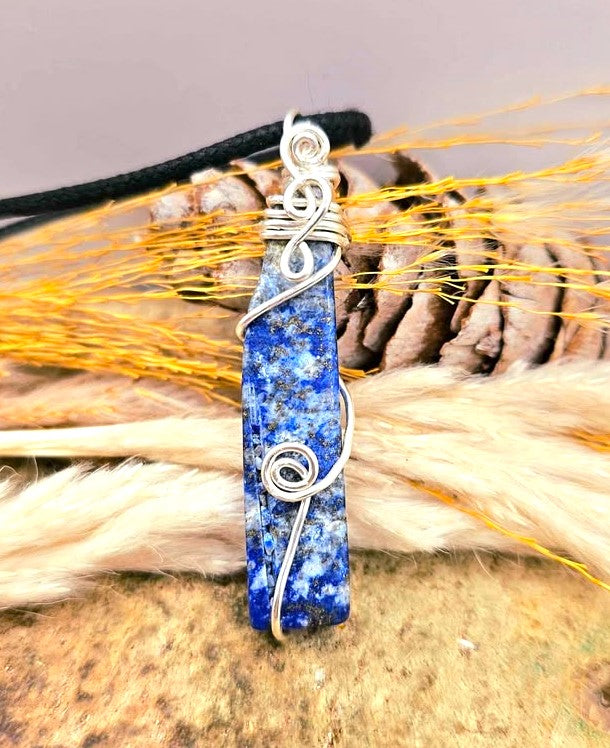Natural lapis lazuli bar pendant with blue, grey, and gold pyrite tones, wrapped in handcrafted silver wire, 2.1-inch gemstone necklace -My Aura Gemstones 