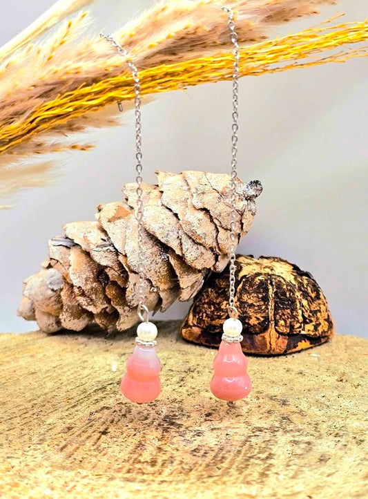 Pink agate blessing gourd dangle earrings with long silver chain threader
