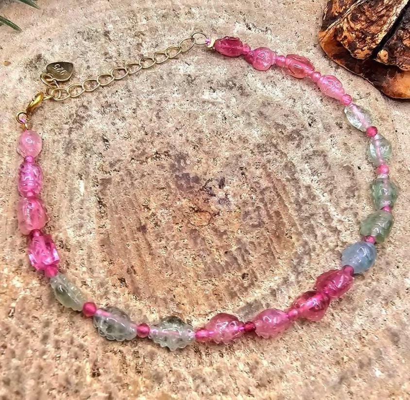 Premium grade nature tourmaline hand-carved ruffled candy beads 925 bracelet — My Aura Gemstones
