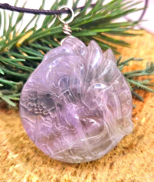 Natural purple fluorite carved large artistic nine tails fox crystal pendant necklace — My Aura Gemstones