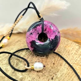 Rhodonite jumbo donut hand-braided crystal pendant necklace — My Aura Gemstones