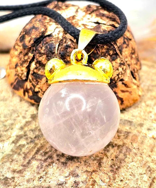 Natural rose quartz sphere bear ear crystal pendant necklace — My Aura Gemstones