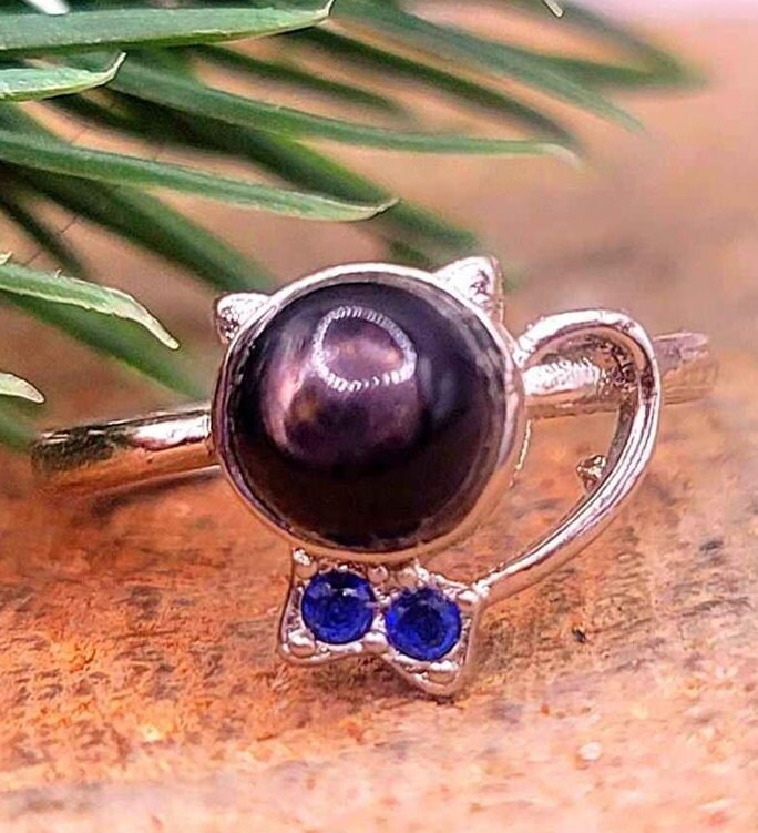 Natural silver hypersthene cute walking cat design adjustable crystal ring — My Aura Gemstones