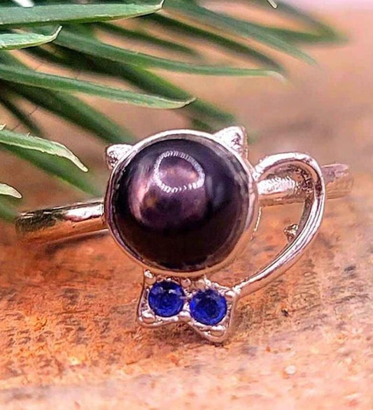 Natural silver hypersthene cute walking cat design adjustable crystal ring — My Aura Gemstones