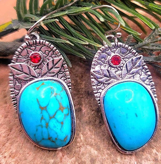 Turquoise-accent howlite carved leaf pendant with red center stone — My Aura Gemstones