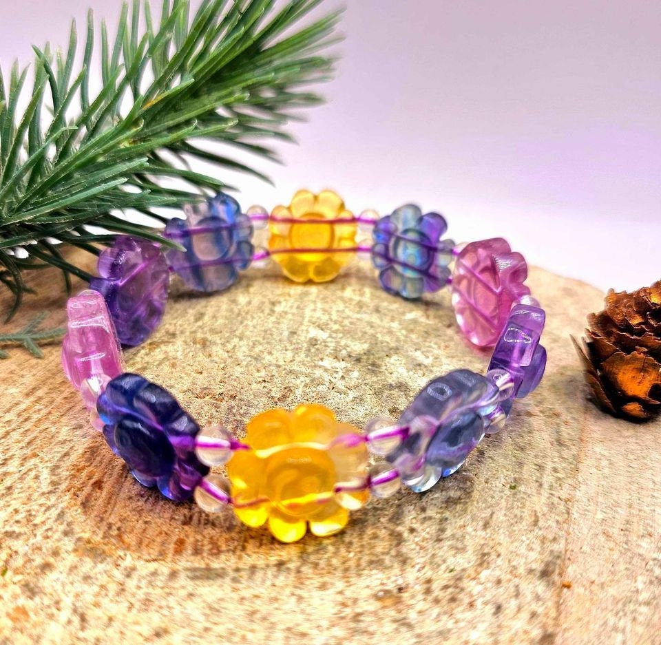 Beautiful Nature Rainbow Fluorite Happy Sunflower Bracelet