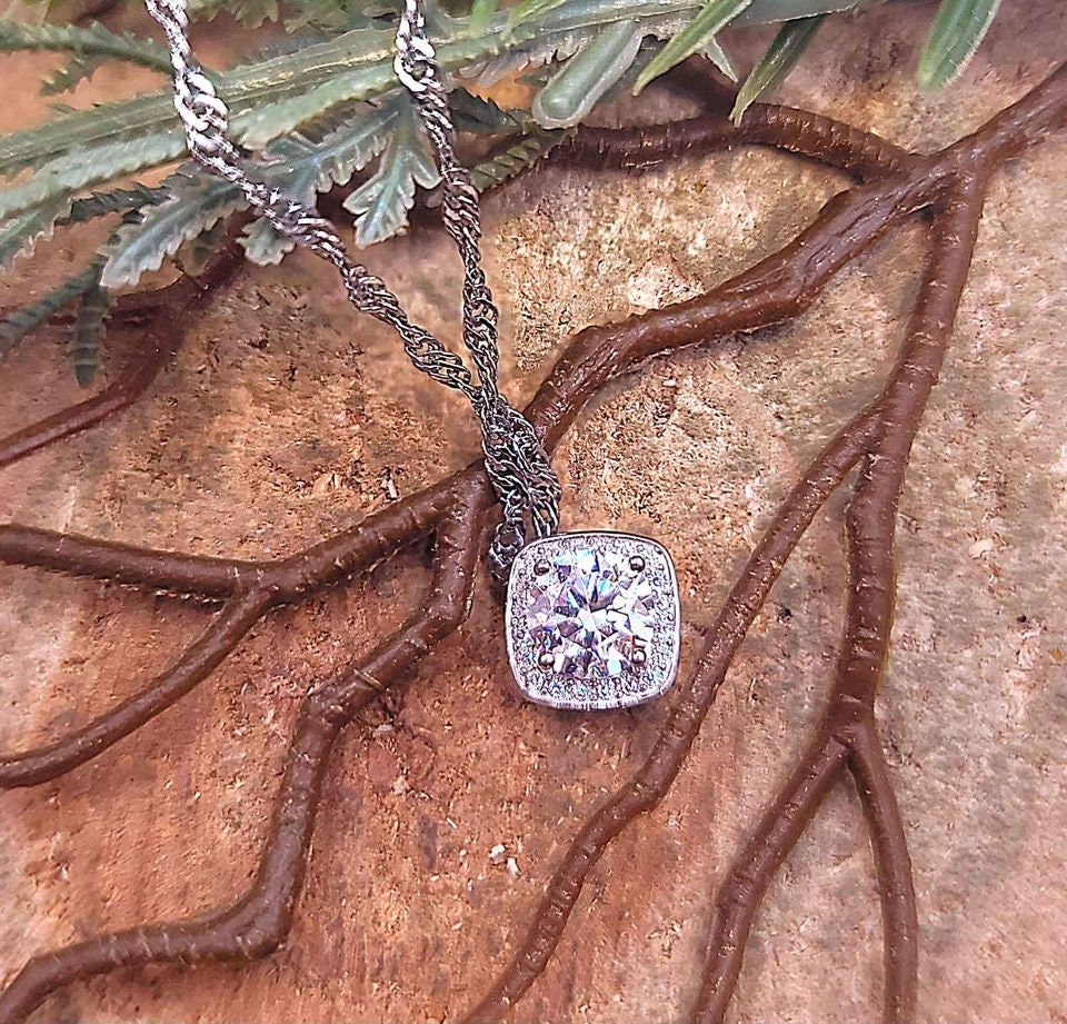 GRA 1ct D Certified Moissanite Diamond Square Charm Pendant Necklace