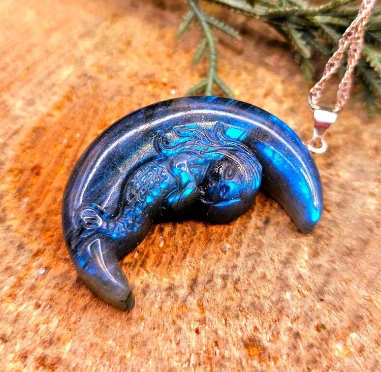 Nature Labradorite Carved Mermaid Sleeping On Moon Pendant Necklace