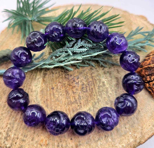 Rare Nature Amethyst Carved Happy Buddha Bead Bracelet