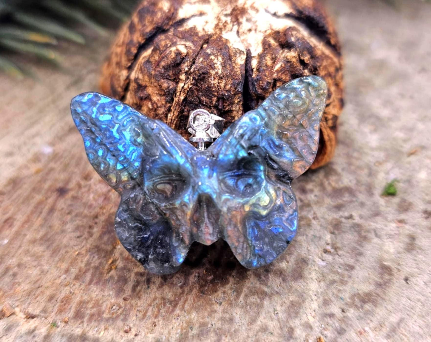Nature Labradorite Carved Hidden Skull Butterfly Pendant Necklace