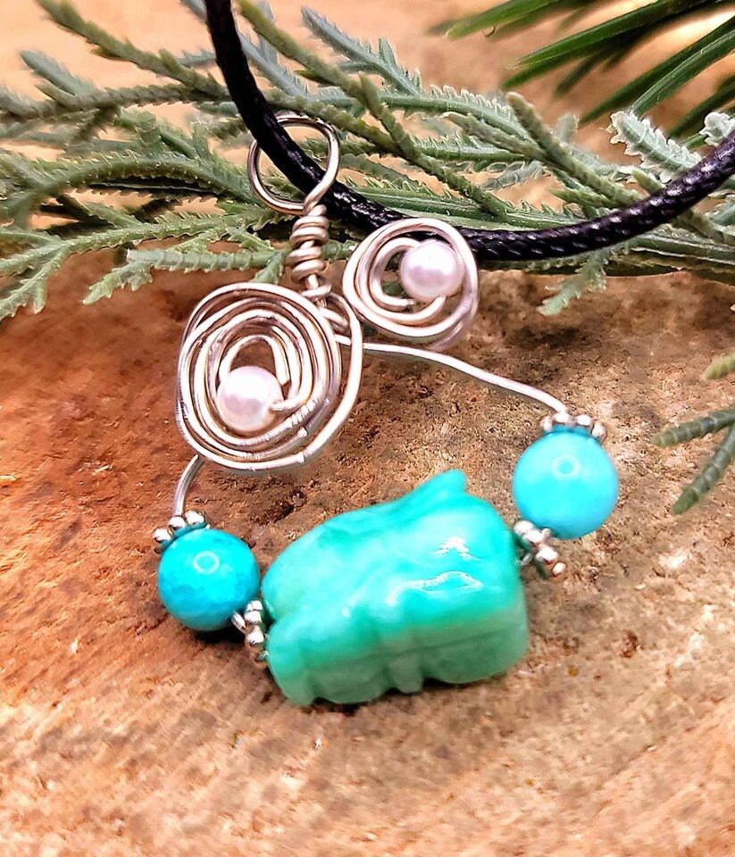 Beautiful Nature Amazonite Hand Carved Rabbit Wire Wrapped Pendant Necklace