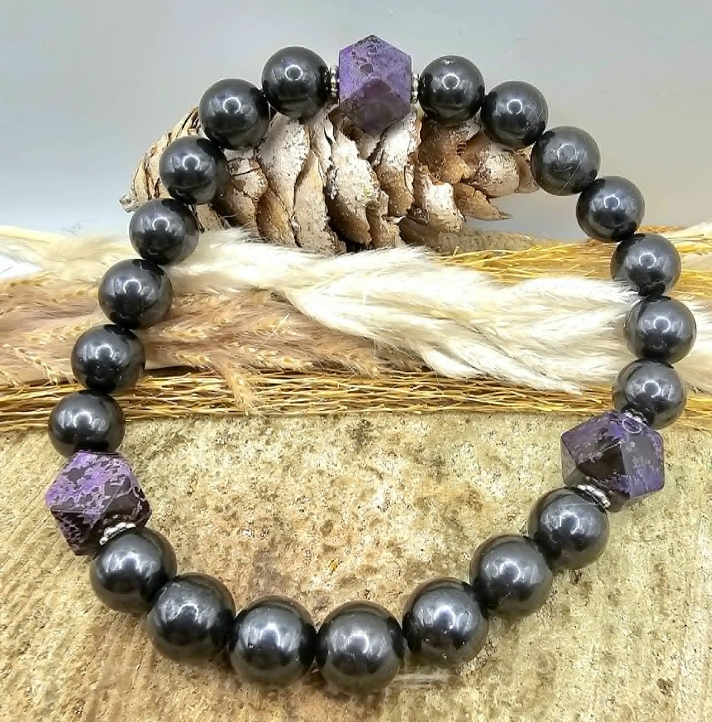 Custom Iron Sugilite Bracelet – Natural Iron Sugilite Round Beads with 3 Purple Sugilite Accent Stones