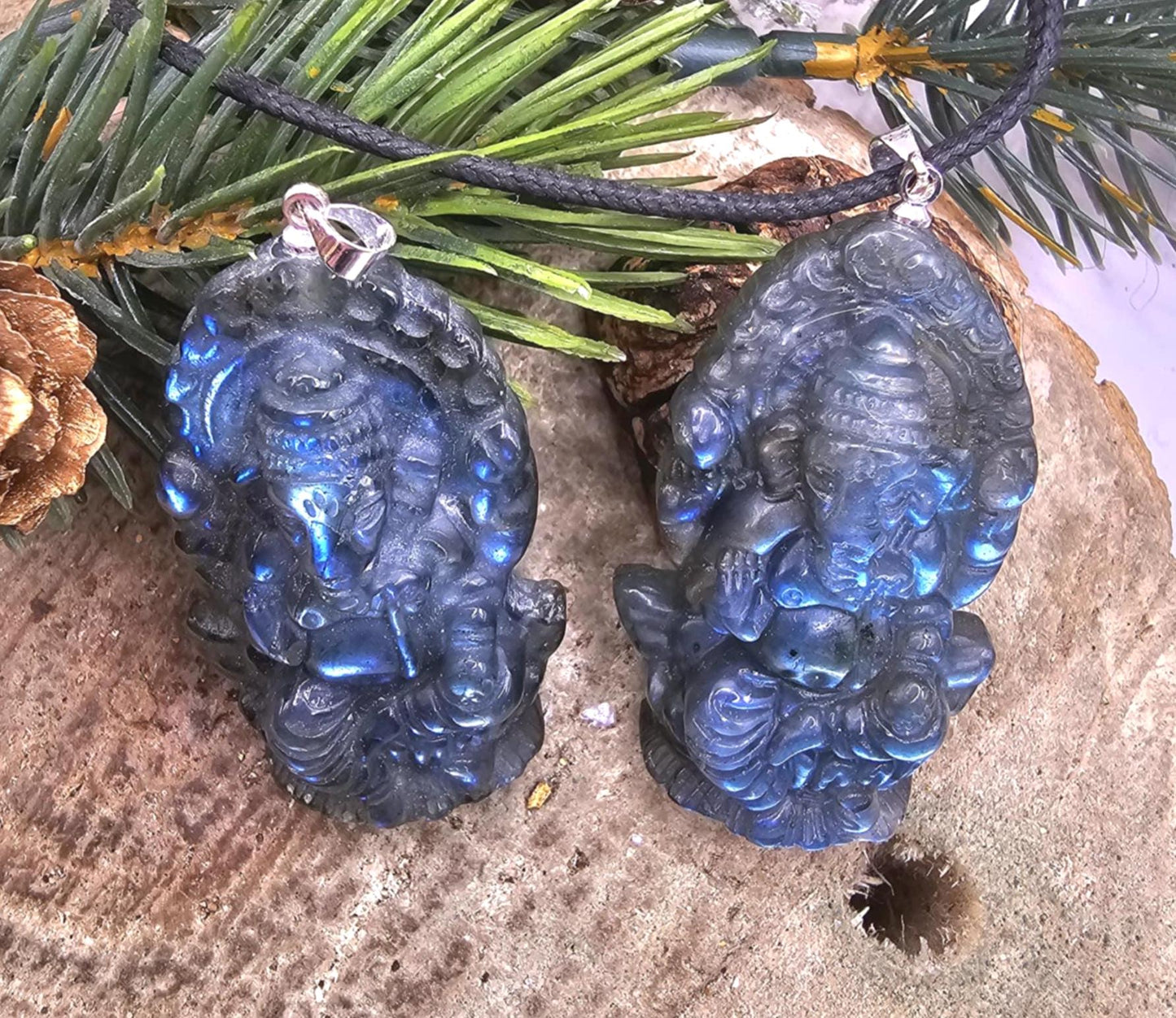 Nature Labradorite Flashy Carved Elephant God Ganesha Pendant Necklace