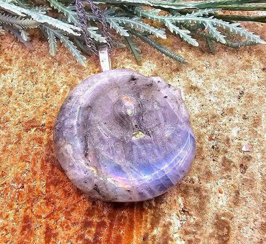 Nature Labradorite Rainbow Flash Hand Carved Castle On Moon Pendant Necklace