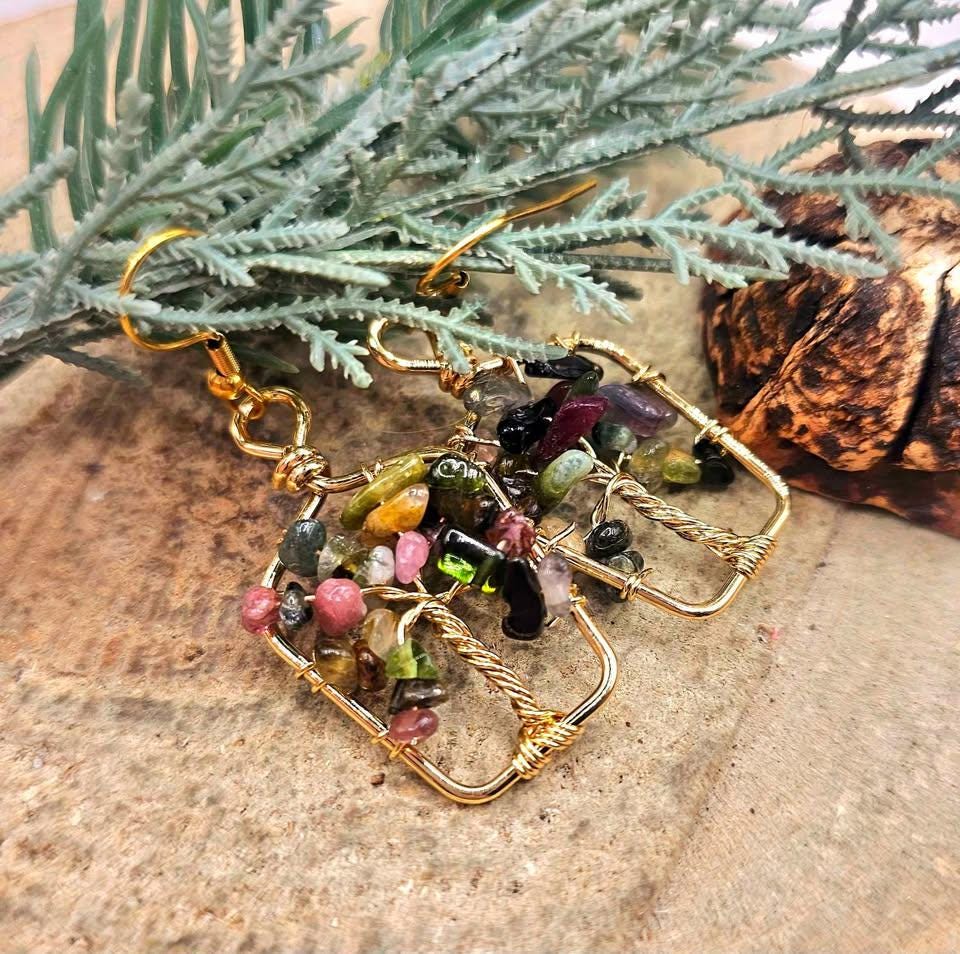 Nature Tourmaline Chips Tree of Life Earring