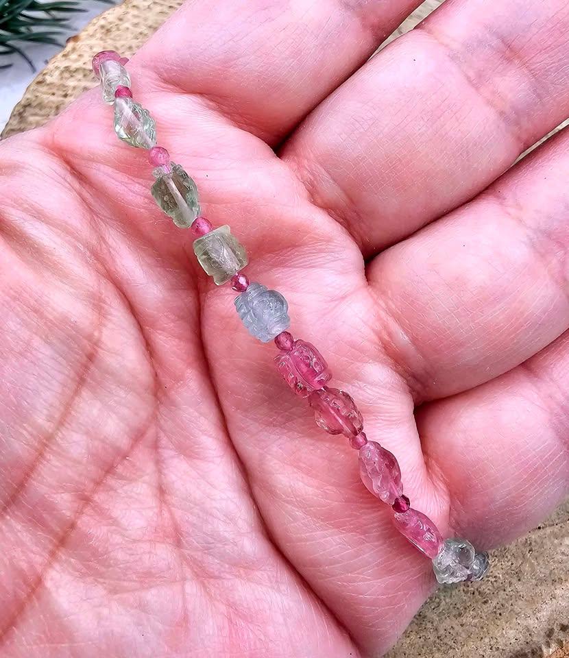 Premium Grade Nature Tourmaline Hand Carve Ruffled Candy 925 Bracelet