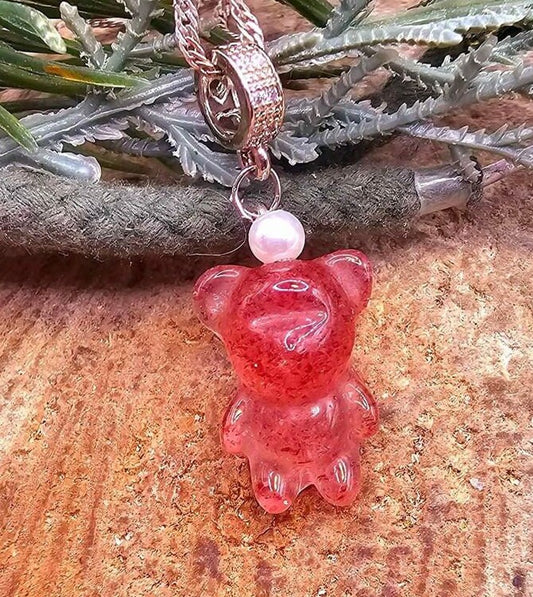 Adorable Nature Strawberry Quartz Hand Caved Bear Pendant Necklace