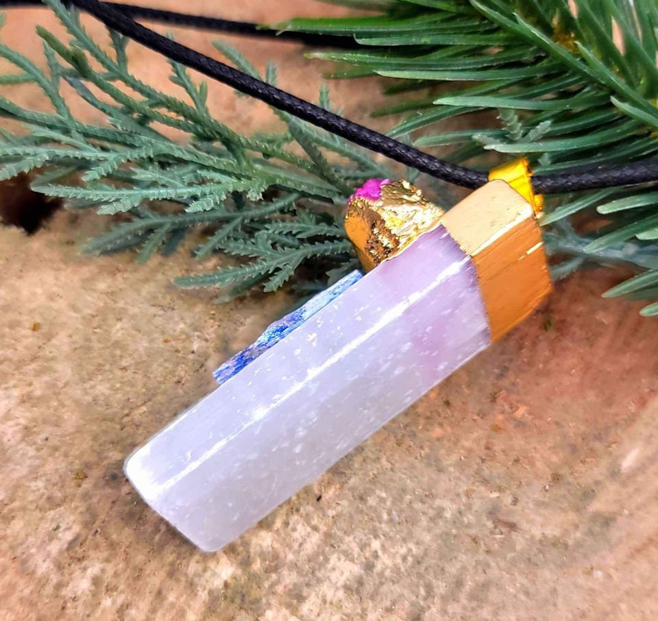 Beautiful Nature Selenite With Kyanite and Pink Geode Gold Cap Pendant Necklace