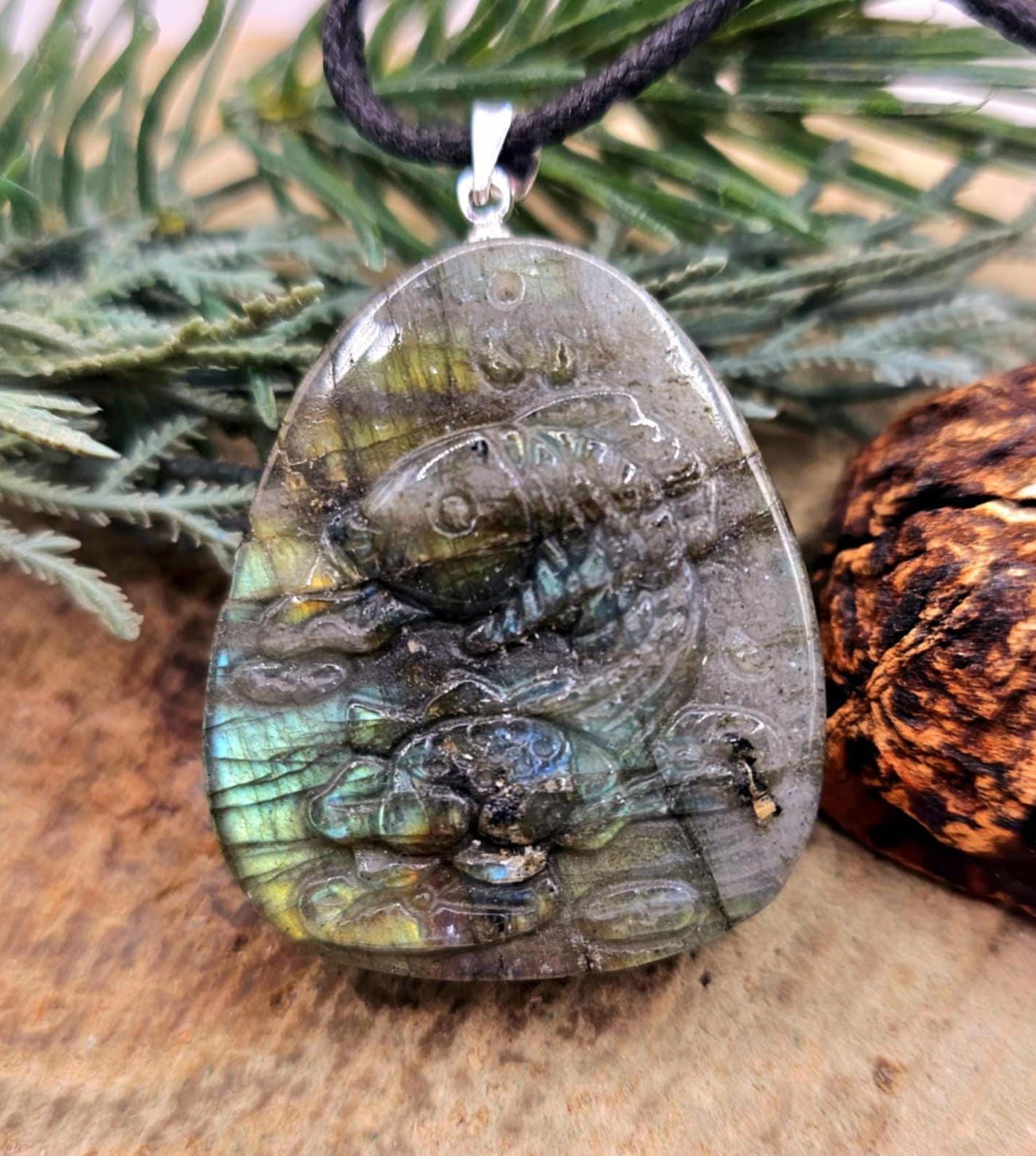 Nature Labradorite Carved Flashy Lotus & Carp Pendant Necklace