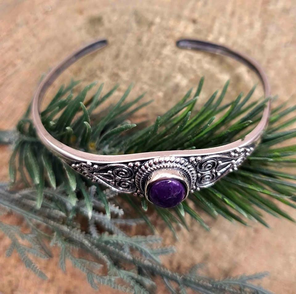 Nature Sugilite Sterling Silver S925 Stamped Cuff Bangle