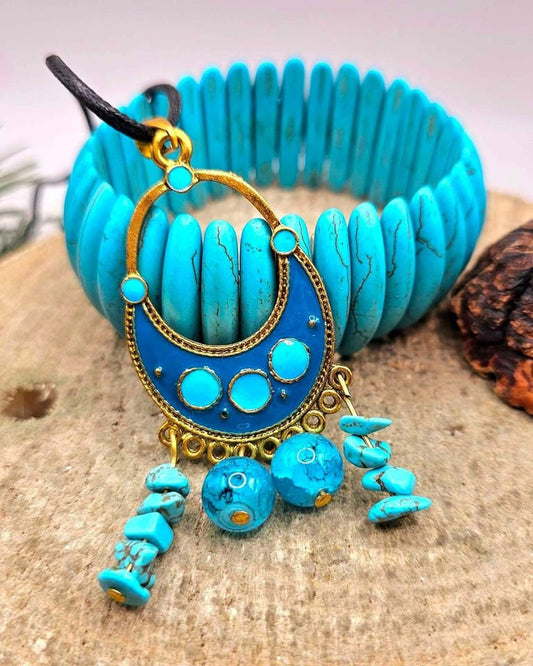 2pcs Turquoise Howlite Pendant And Chunky Cuff Bracelet Set