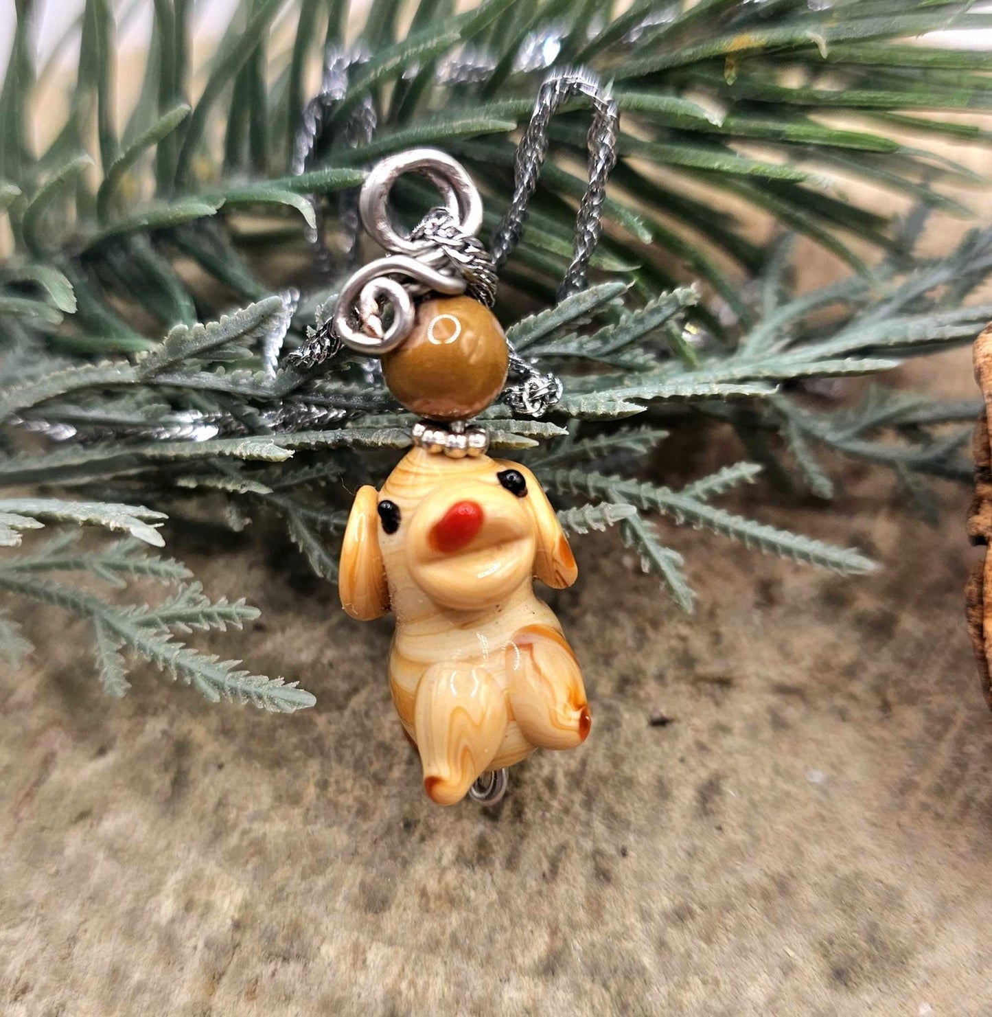Cute Venetian Glass Hand Blown Dog & Agate Pendant Necklace