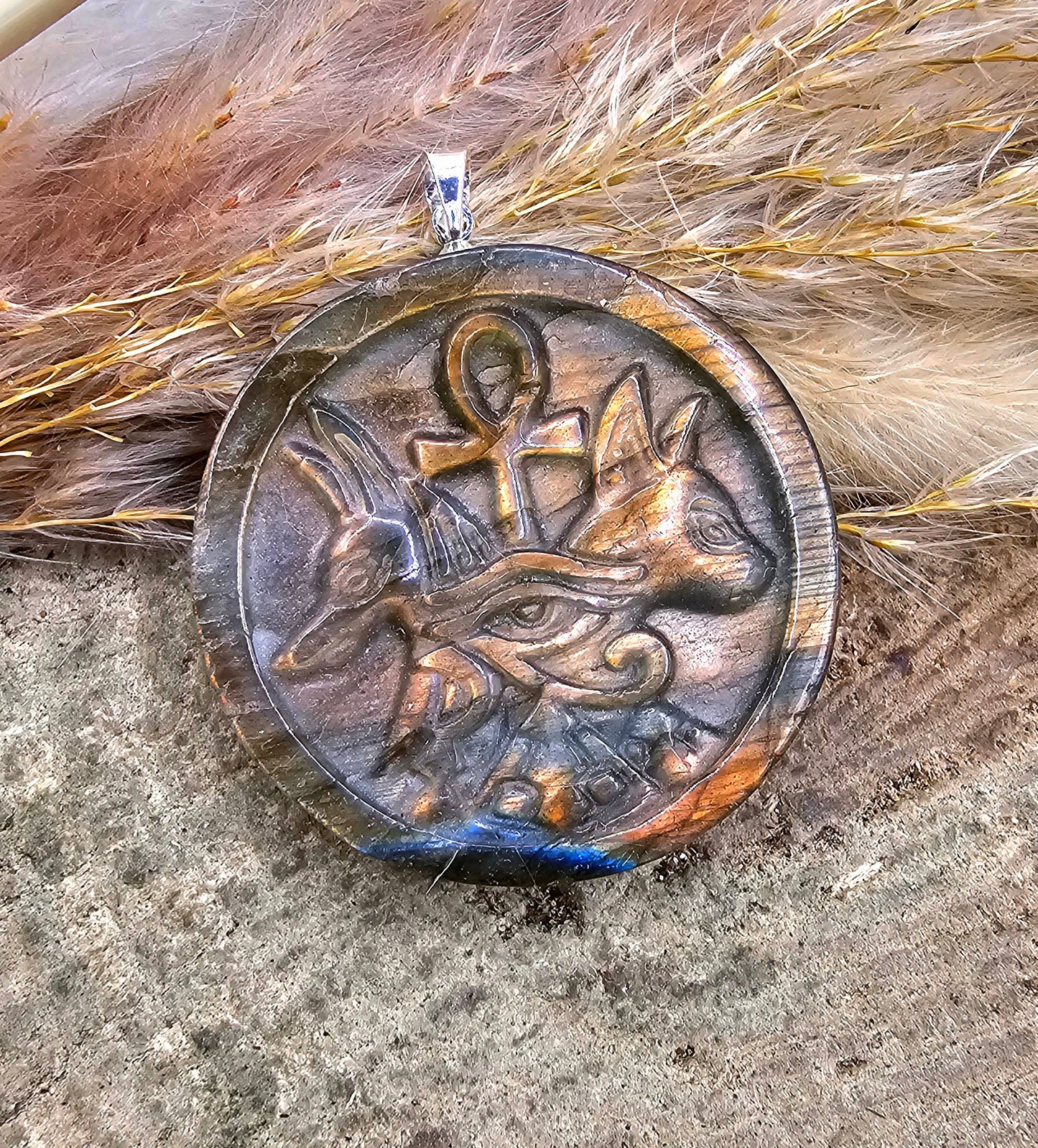 Nature Labradorite Carved Flashy Egyptian Symbols Pendant Necklace