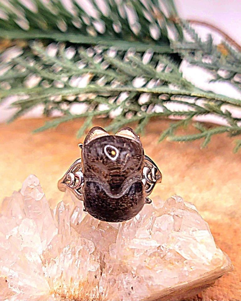 Beautiful Nature Phantom Quartz Hand Carved Fox Adjustable Ring