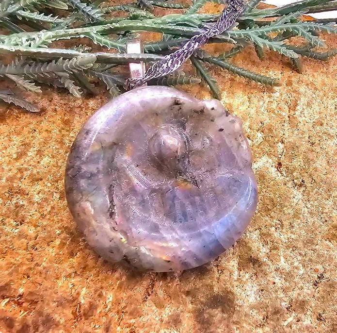 Nature Labradorite Rainbow Flash Hand Carved Castle On Moon Pendant Necklace