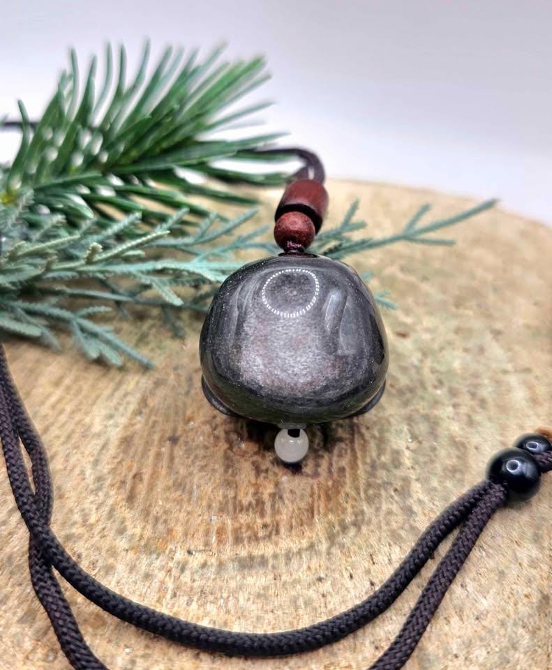Nature Silver Obsidian Cat Eye Flash Daruma Doll Pendant Necklace