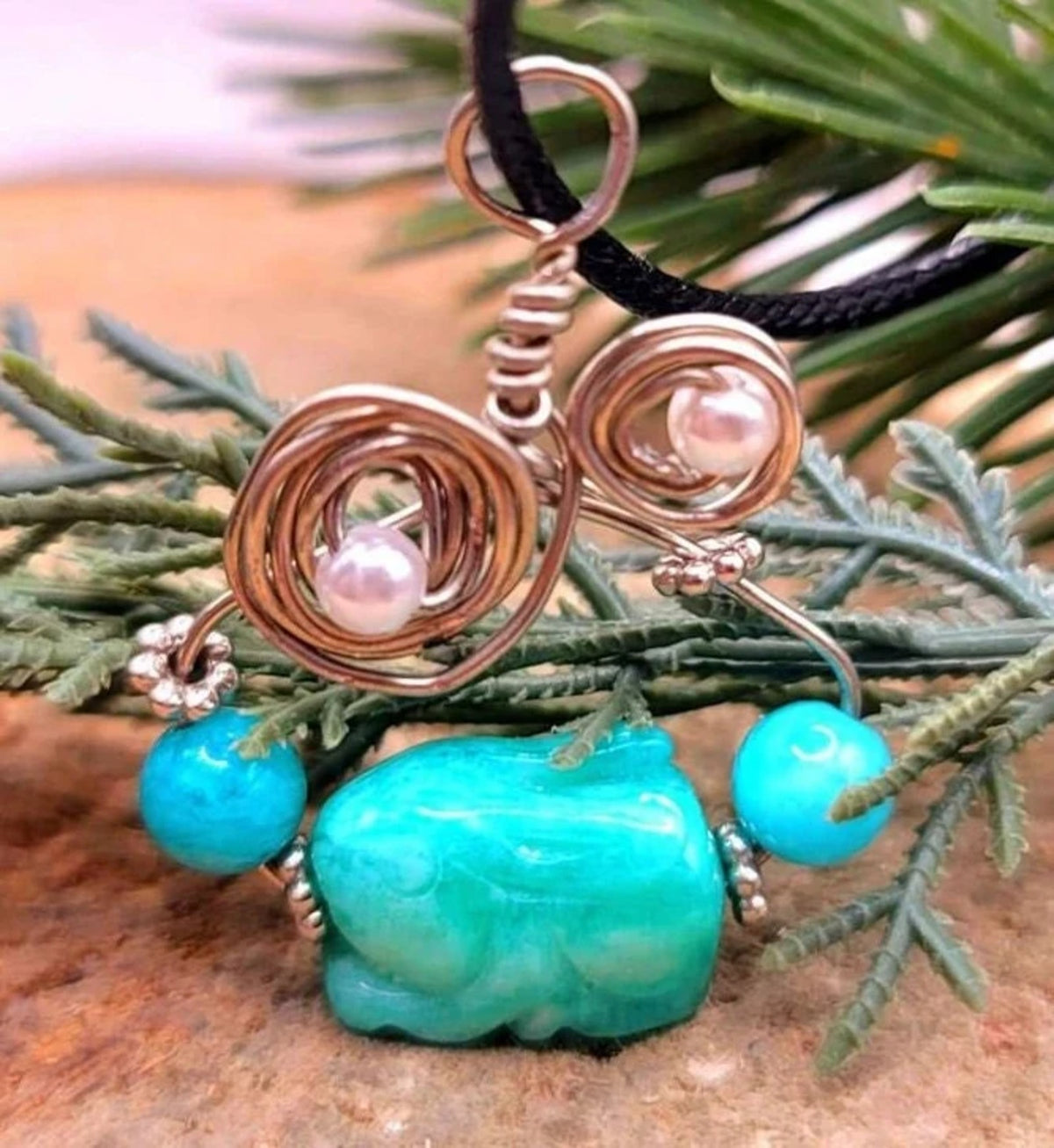 Amazonite Hand Carved Rabbit Wire Wrapped Pendant Necklace HD