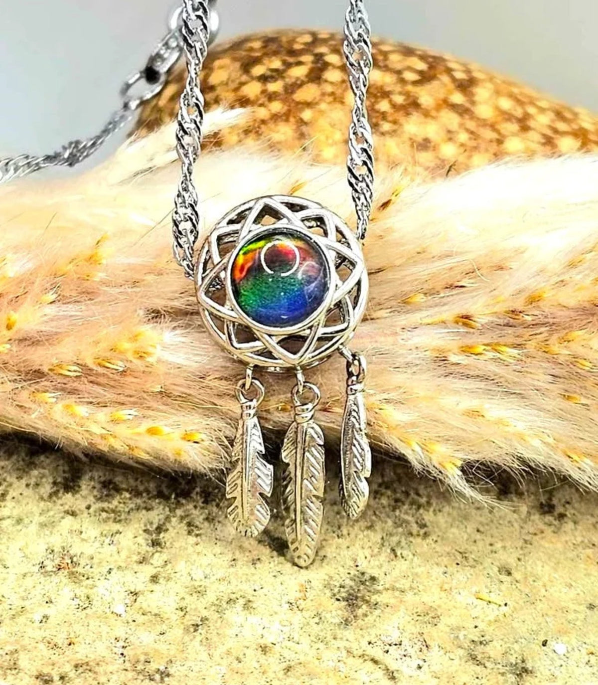Genuine Canadian Ammolite Dream Catcher Pendant Necklace