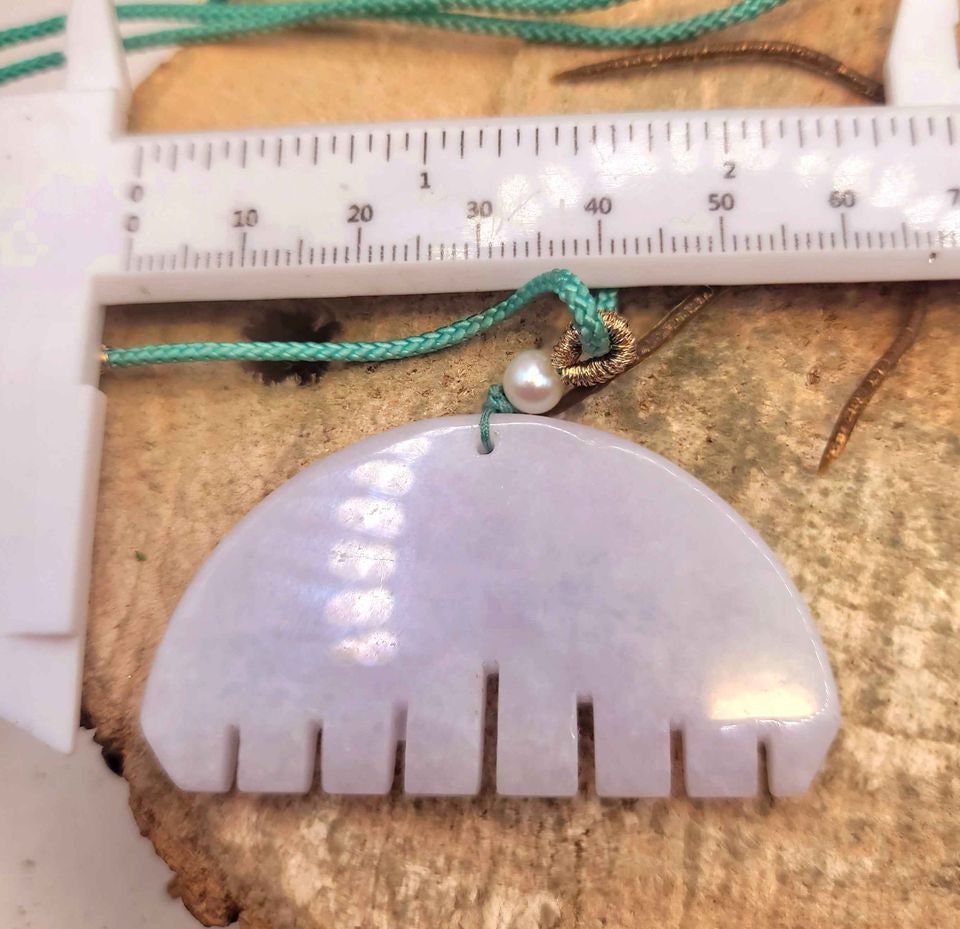 Beautiful Certified Nature Jade Hand Carved Comb Pendant With Pearl Adjustable Necklace