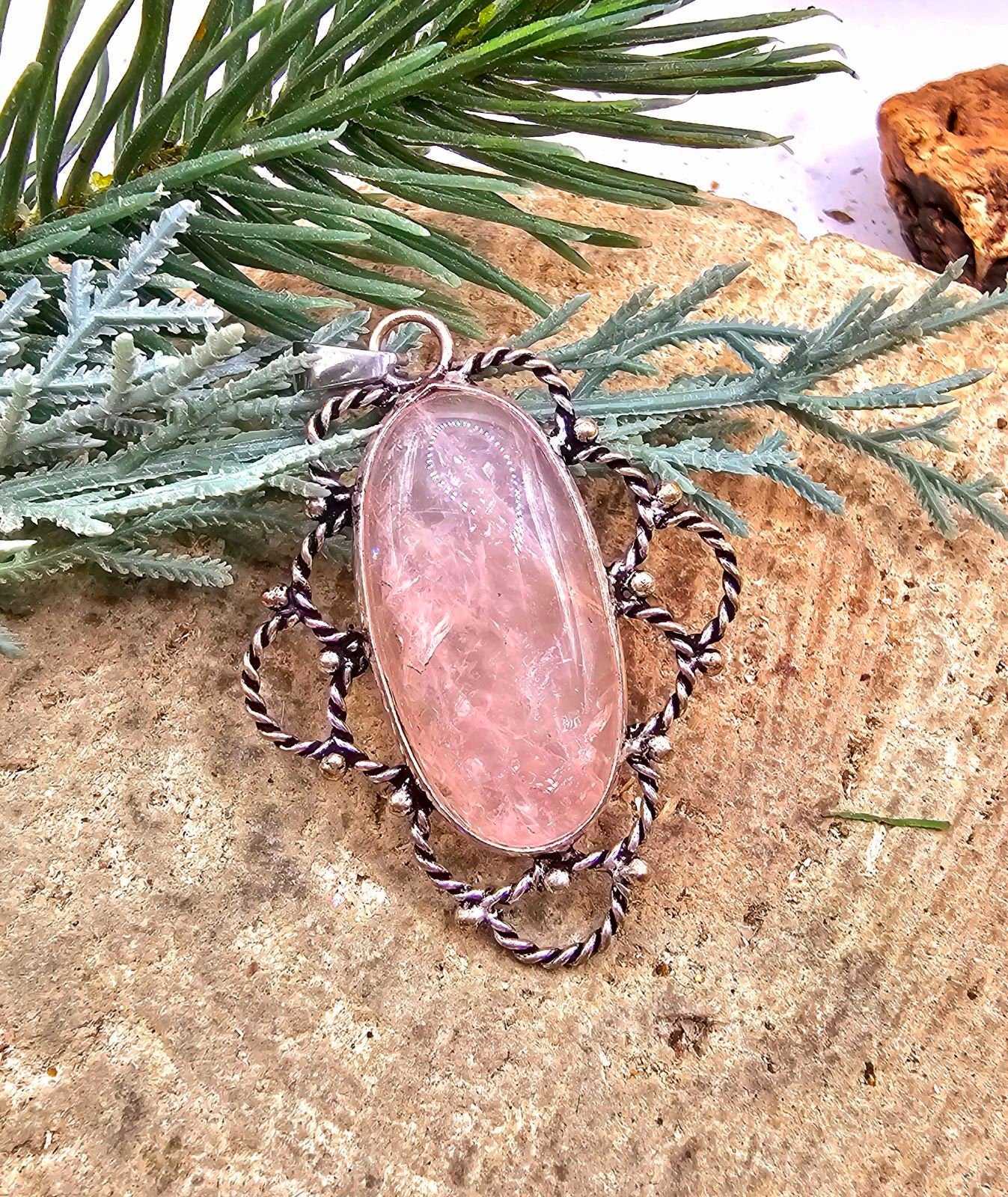 Nature Rose Quartz Sterling Pendant Necklace