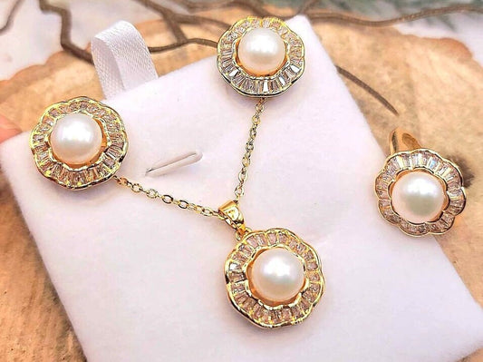 NIB Vintage Pearl CZ Inlaid 925 Flower Jewelry Set