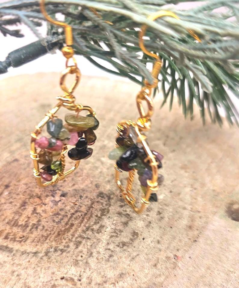 Nature Tourmaline Chips Tree of Life Earring